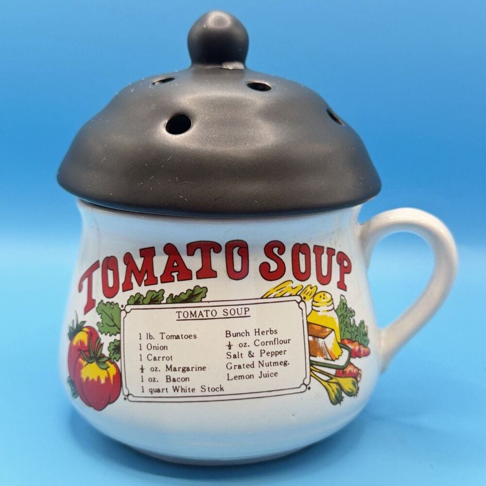 Vintage Style Tomato Soup Recipe Ceramic Mug Bowl w/ Black Vented Lid Kitchen